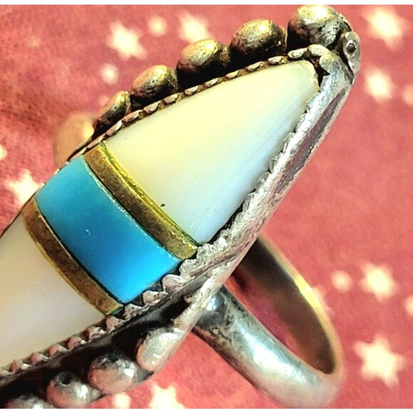 Vintage Navajo Turquoise & Mother of Pearl Sterling Silver Old Pawn Ring 6.25 - Picture 3 of 10